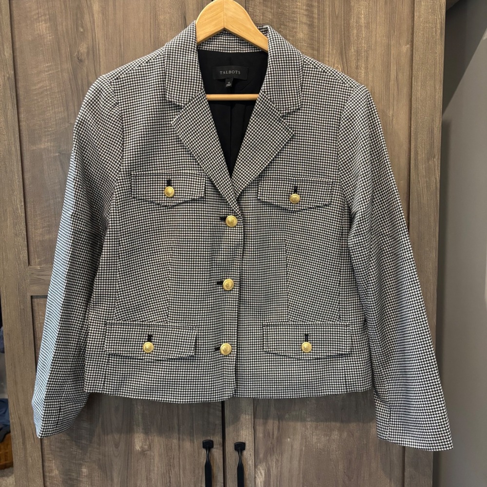 Talbots Black White Houndstooth Blazer Gold Crest Button Jacket Size 12